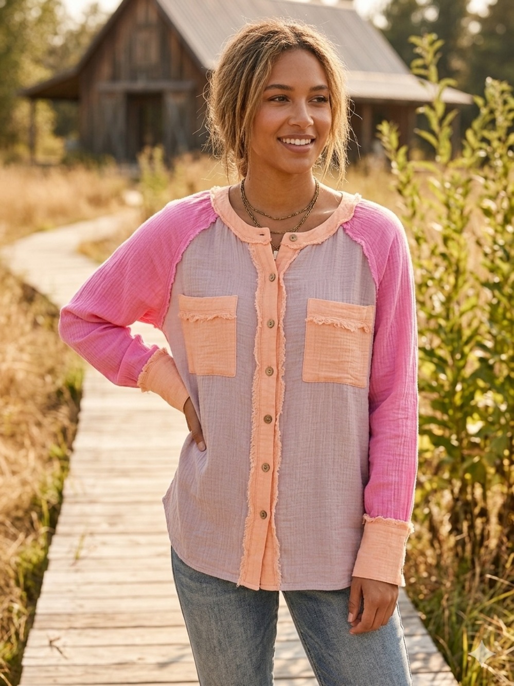 easel Pink & Peach Gauze Button-Up Top